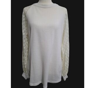 MIHOLL White Waffle Knit Top Women M Lace Long Balloon Sleeve Back Zipper Dainty